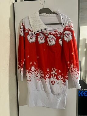 Santa Print Red and White Holiday Sweater Tunic